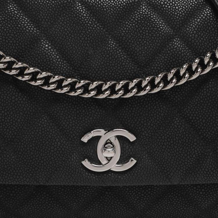 Pre Owned Chanel Matte Black Quilted Caviar Leather Medium Lady Pearly Flap Bag