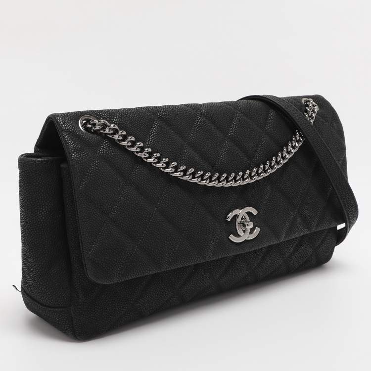 Pre Owned Chanel Matte Black Quilted Caviar Leather Medium Lady Pearly Flap Bag