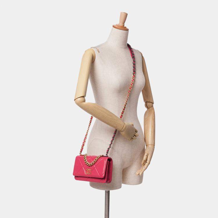 Pre Owned Chanel Pink Quilted Lambskin 19 Wallet on Chain
