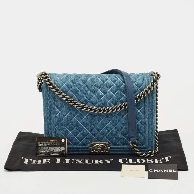 Pre Owned Chanel Blue Quilted Denim Large Boy Flap Bag