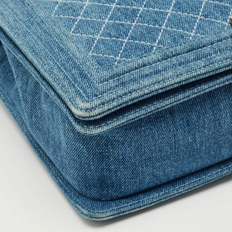Pre Owned Chanel Blue Quilted Denim Large Boy Flap Bag