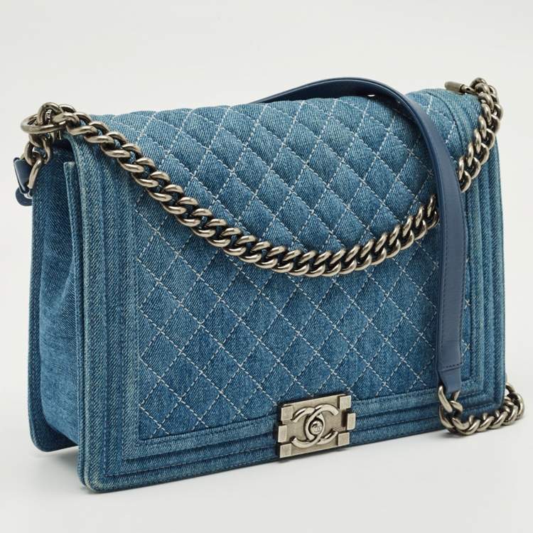 Pre Owned Chanel Blue Quilted Denim Large Boy Flap Bag