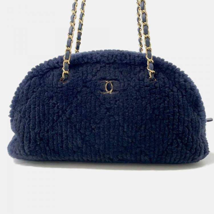 Pre Owned Chanel Coco Neige Bowling Bag Navy Shearling Lambskin Size Large