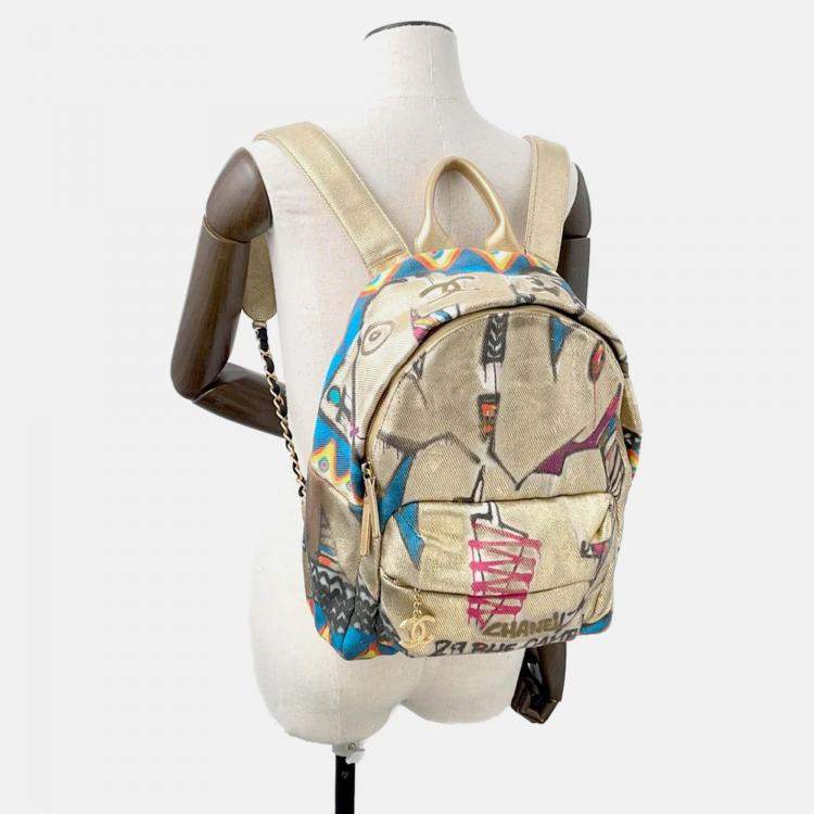 Pre Owned Chanel Cc Logo Graffiti Backpack Gold/Multicolor Canvas Leather