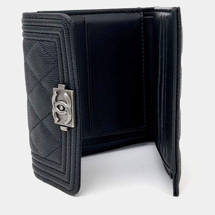 Pre Owned Chanel Black Leather Caviar Boy Bifold Wallet