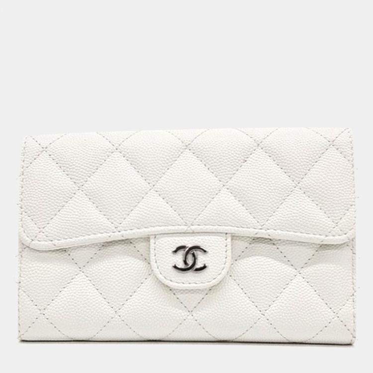 Pre Owned Chanel White Caviar Leather Caviar Medium Wallet