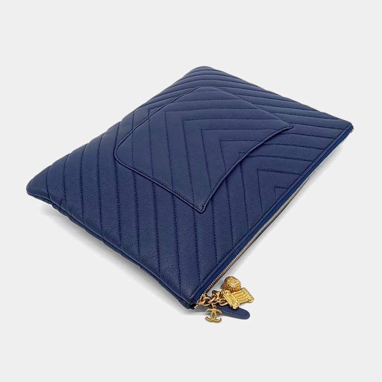 Pre Owned Chanel Blue Leather Caviar Chevron Clutch New Medium