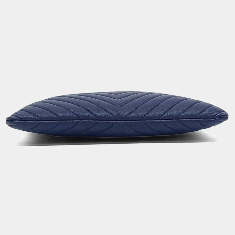 Pre Owned Chanel Blue Leather Caviar Chevron Clutch New Medium