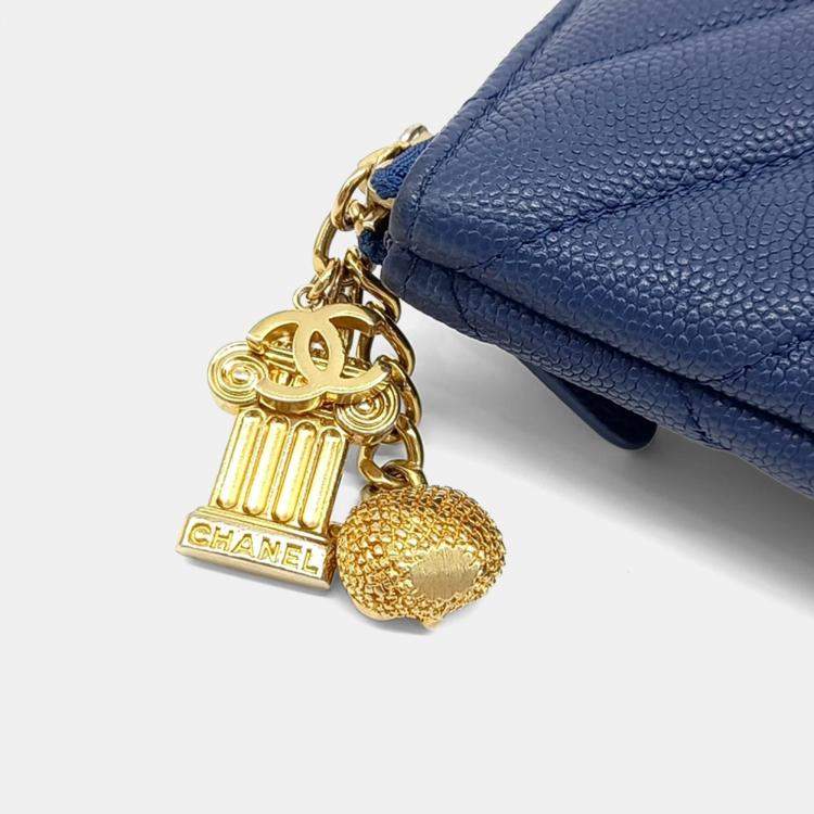 Pre Owned Chanel Blue Leather Caviar Chevron Clutch New Medium