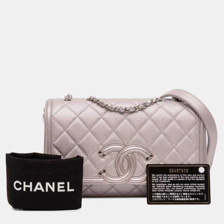 Pre Owned Chanel Silver Small Metallic Caviar CC Filigree Flap