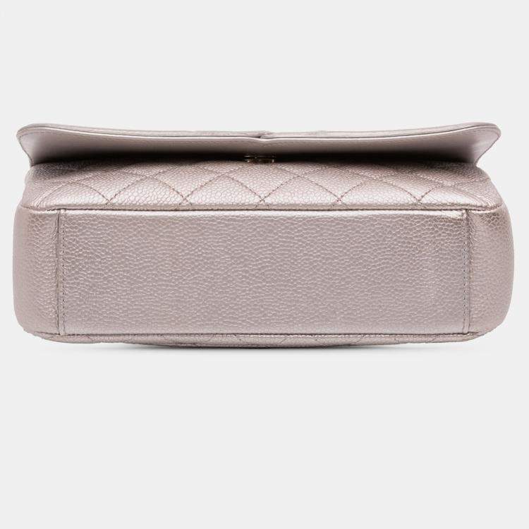 Pre Owned Chanel Silver Small Metallic Caviar CC Filigree Flap