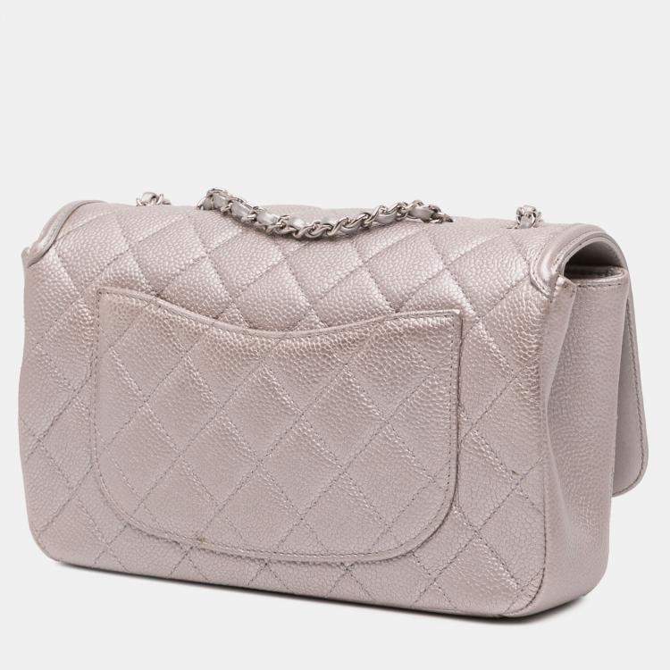 Pre Owned Chanel Silver Small Metallic Caviar CC Filigree Flap