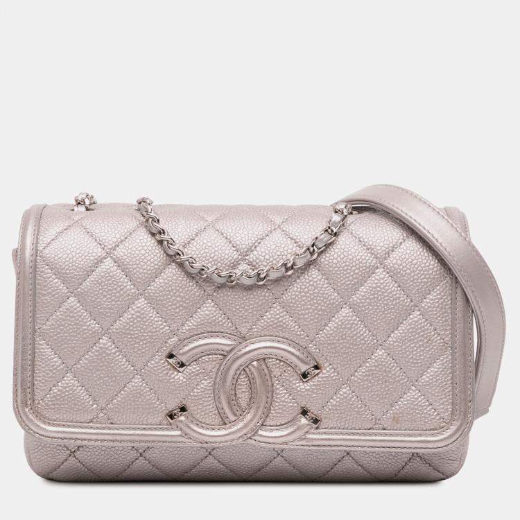 Pre Owned Chanel Silver Small Metallic Caviar CC Filigree Flap