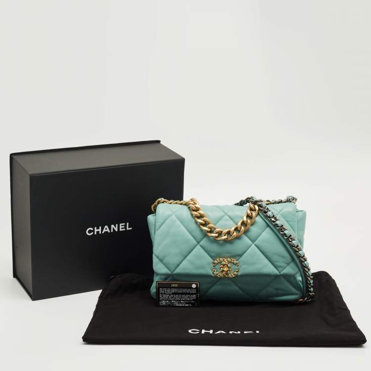 Pre Owned Chanel Mint Blue Quilted Leather Large 19 Flap Bag