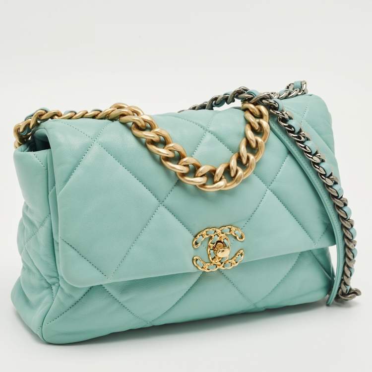 Pre Owned Chanel Mint Blue Quilted Leather Large 19 Flap Bag