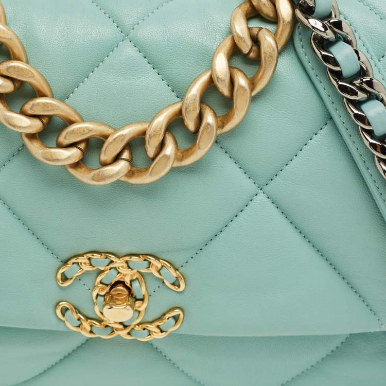 Pre Owned Chanel Mint Blue Quilted Leather Large 19 Flap Bag