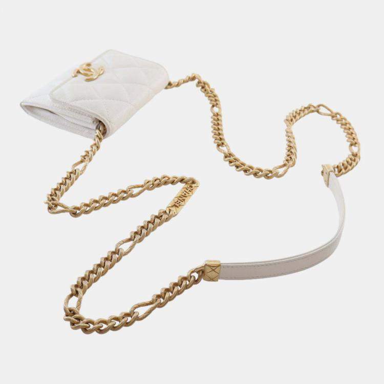 Pre Owned Chanel White Quilted Caviar Card Holder on Chain