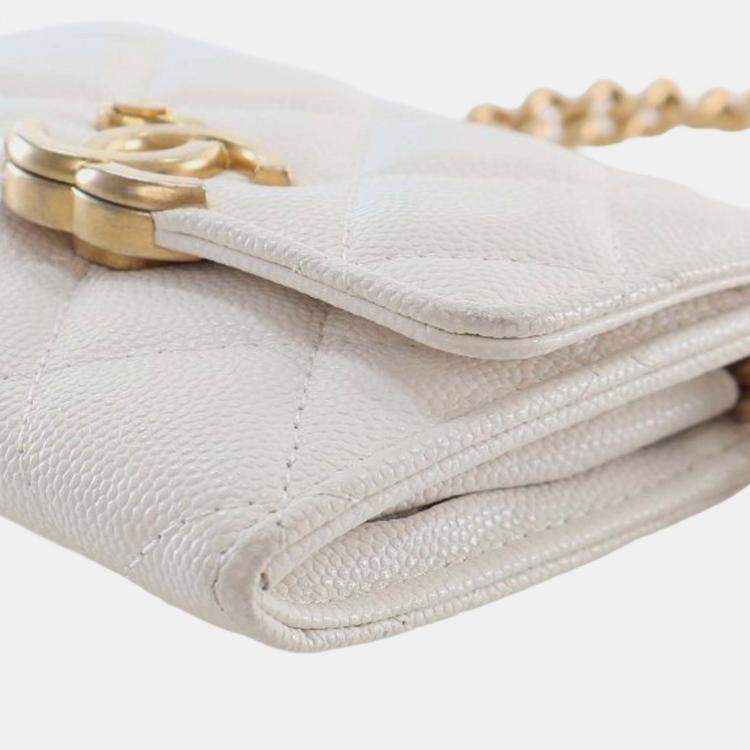 Pre Owned Chanel White Quilted Caviar Card Holder on Chain