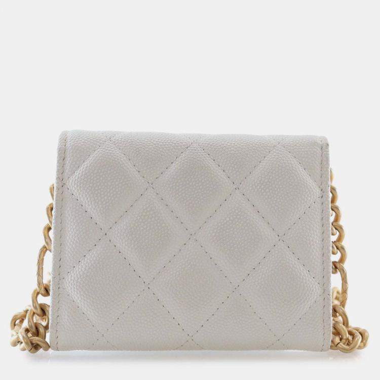 Pre Owned Chanel White Quilted Caviar Card Holder on Chain
