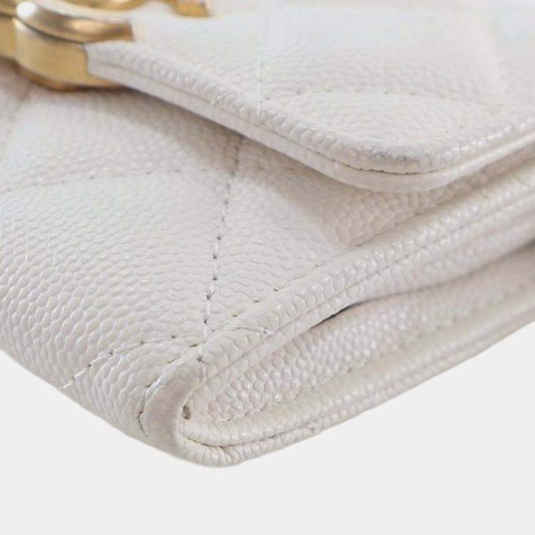 Pre Owned Chanel White Quilted Caviar Card Holder on Chain