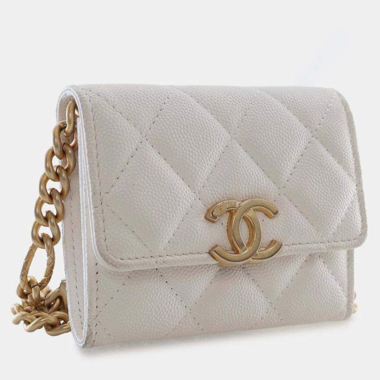 Pre Owned Chanel White Quilted Caviar Card Holder on Chain
