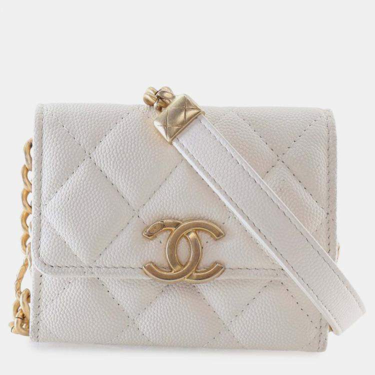 Pre Owned Chanel White Quilted Caviar Card Holder on Chain