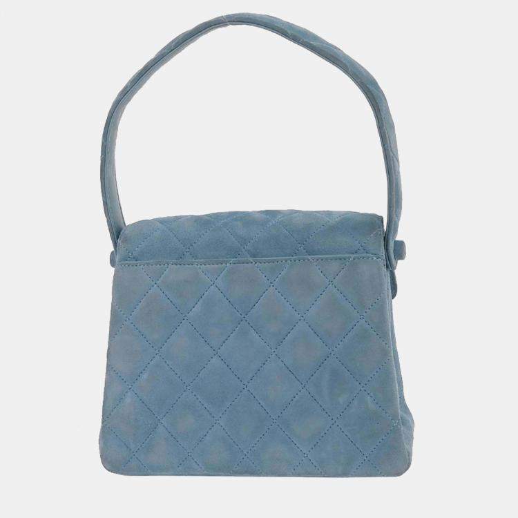 Pre Owned Chanel Light Blue Suede Straight Flap Handbag