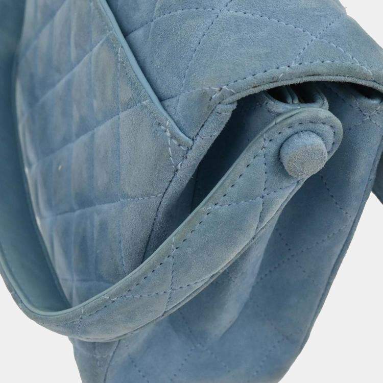 Pre Owned Chanel Light Blue Suede Straight Flap Handbag