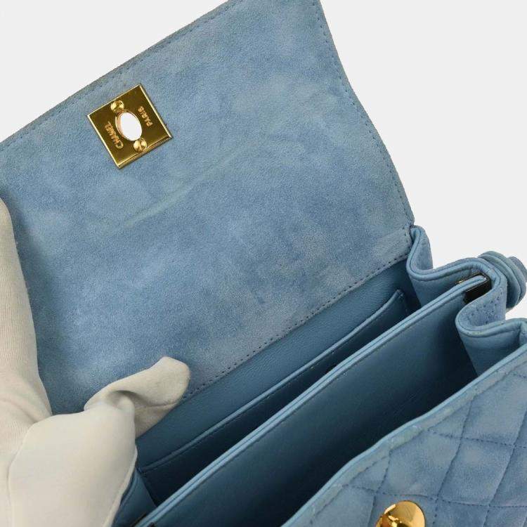 Pre Owned Chanel Light Blue Suede Straight Flap Handbag