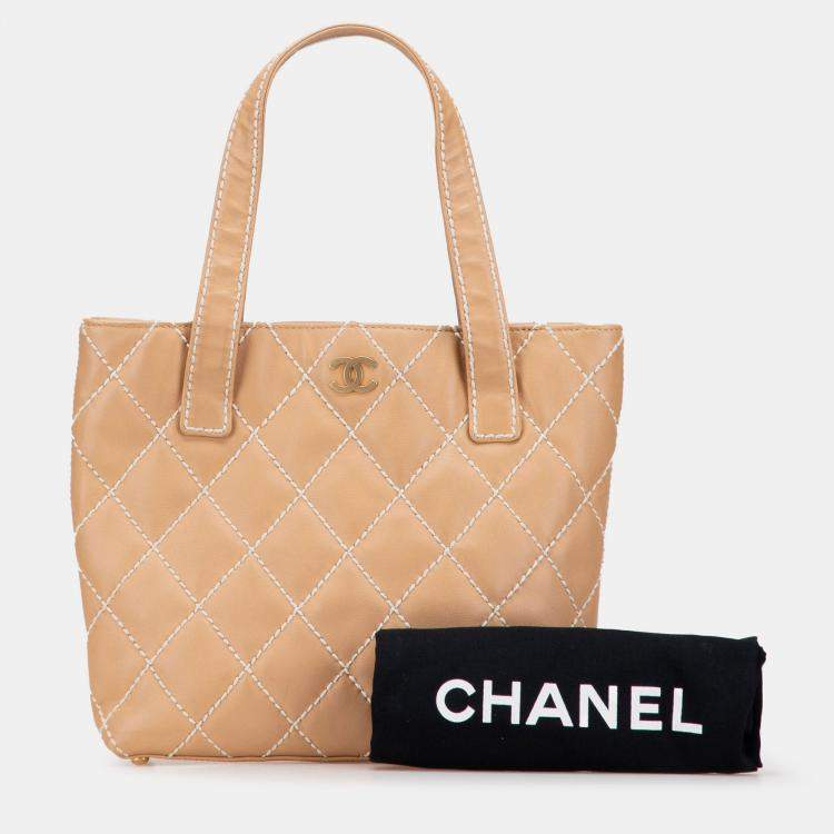 Pre Owned Chanel Brown Small CC Calfskin Wild Stitch Tote