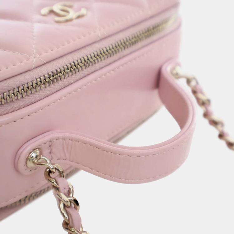 Pre Owned Chanel Pink Mini CC Glazed Calfskin Double Zip Top Handle Vanity Case
