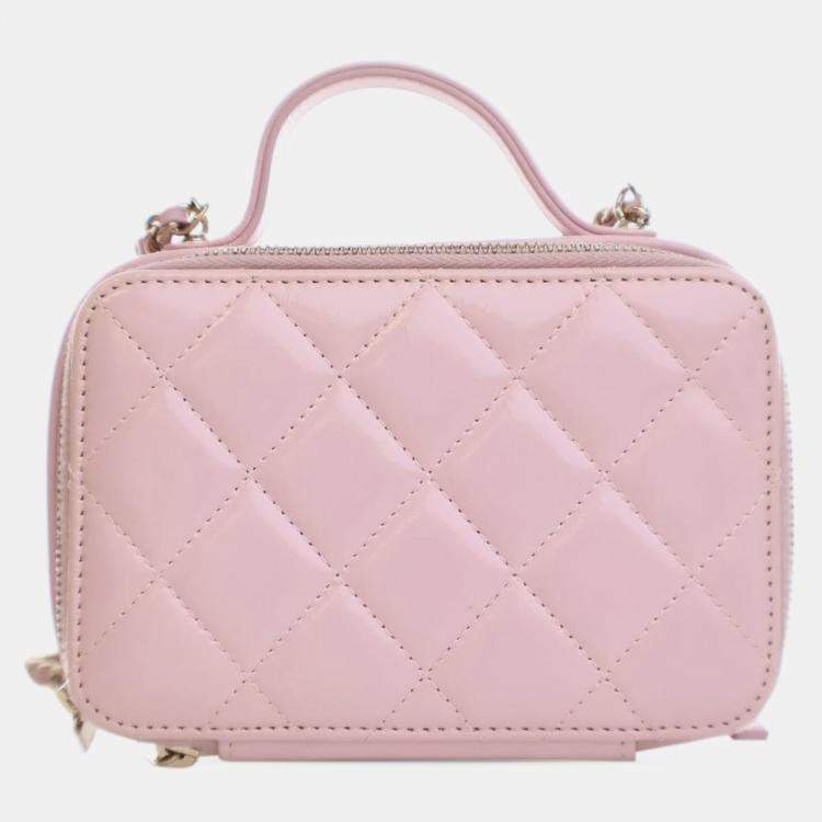 Pre Owned Chanel Pink Mini CC Glazed Calfskin Double Zip Top Handle Vanity Case