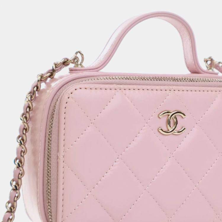 Pre Owned Chanel Pink Mini CC Glazed Calfskin Double Zip Top Handle Vanity Case