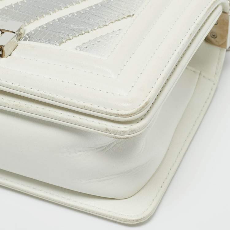 Pre Owned Chanel White/Grey Chevron Lizard and Leather Small Boy Flap Bag