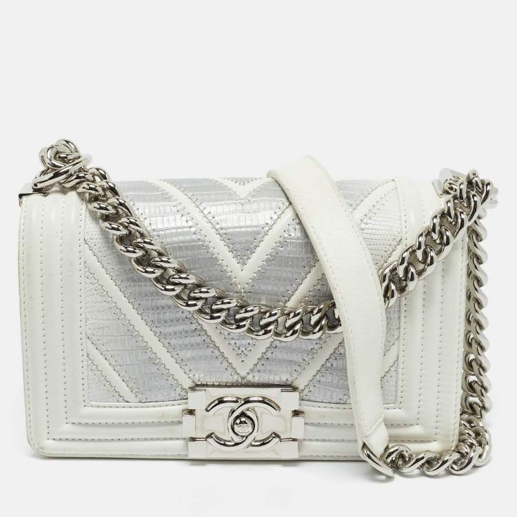 Pre Owned Chanel White/Grey Chevron Lizard and Leather Small Boy Flap Bag