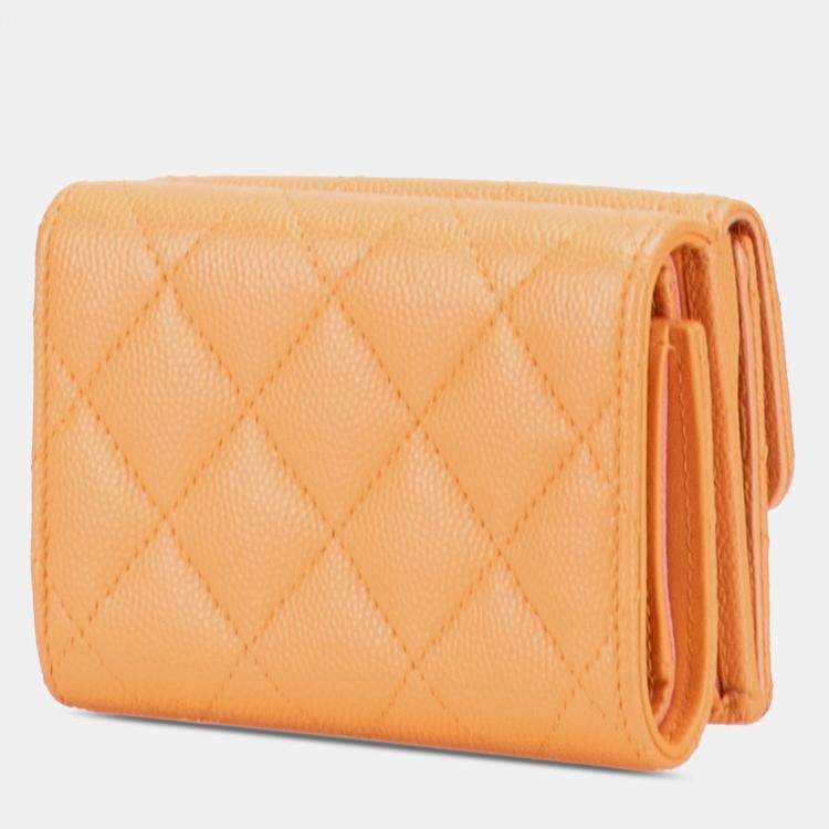 Pre Owned Chanel Orange Quilted Caviar 19 Compact Flap Wallet
