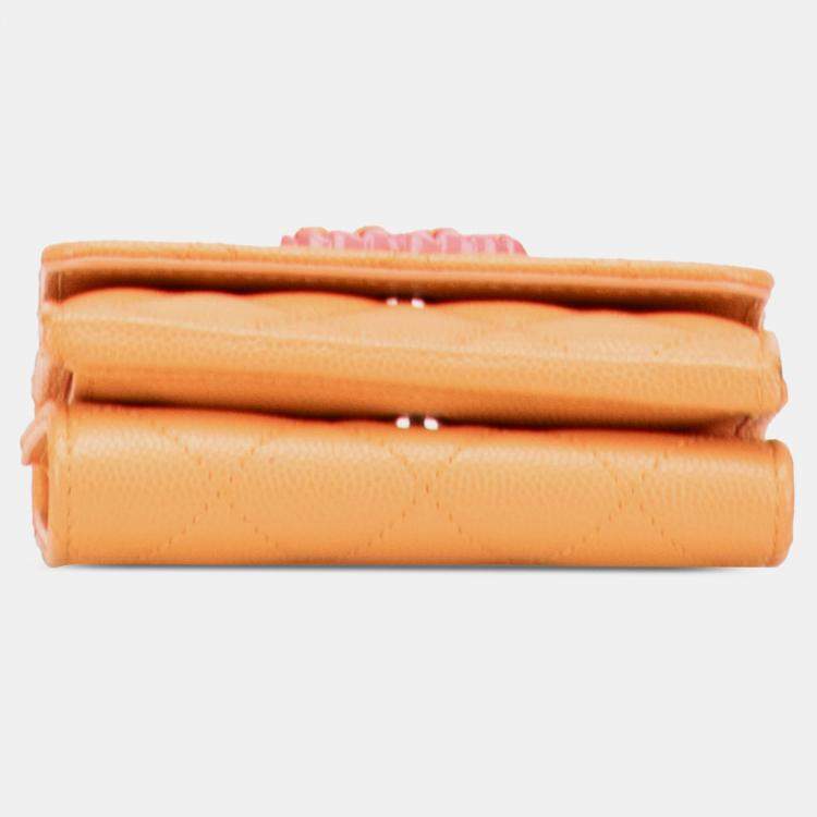Pre Owned Chanel Orange Quilted Caviar 19 Compact Flap Wallet