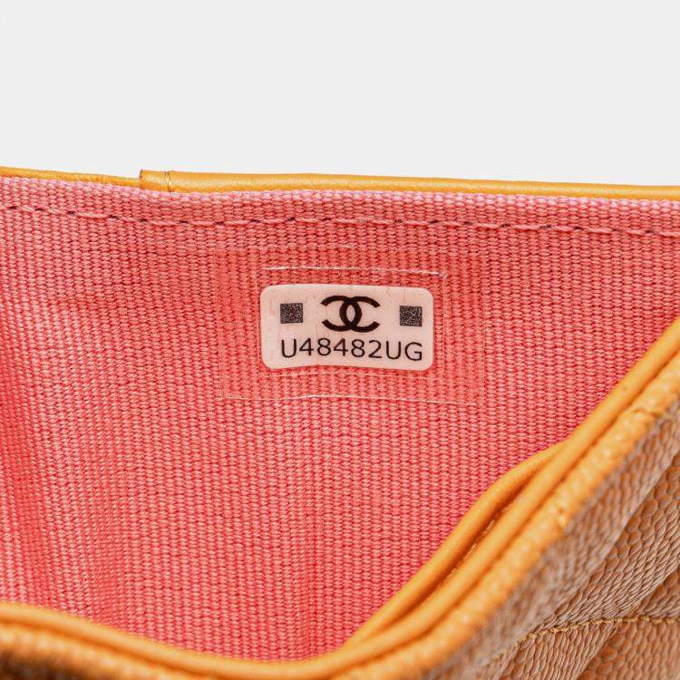 Pre Owned Chanel Orange Quilted Caviar 19 Compact Flap Wallet
