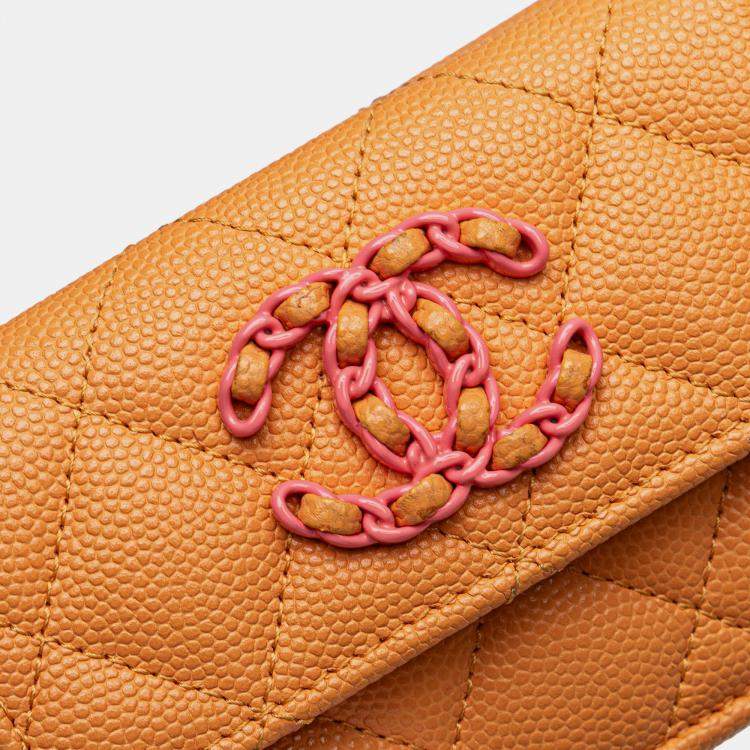 Pre Owned Chanel Orange Quilted Caviar 19 Compact Flap Wallet