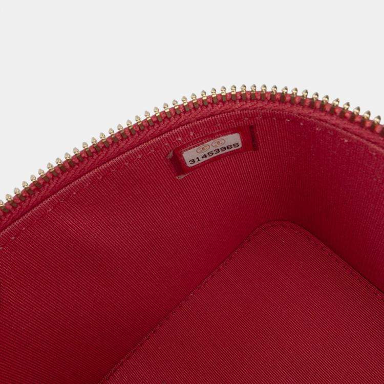 Pre Owned Chanel Red Mini CC Quilted Lambskin Top Handle Vanity Case With Chain