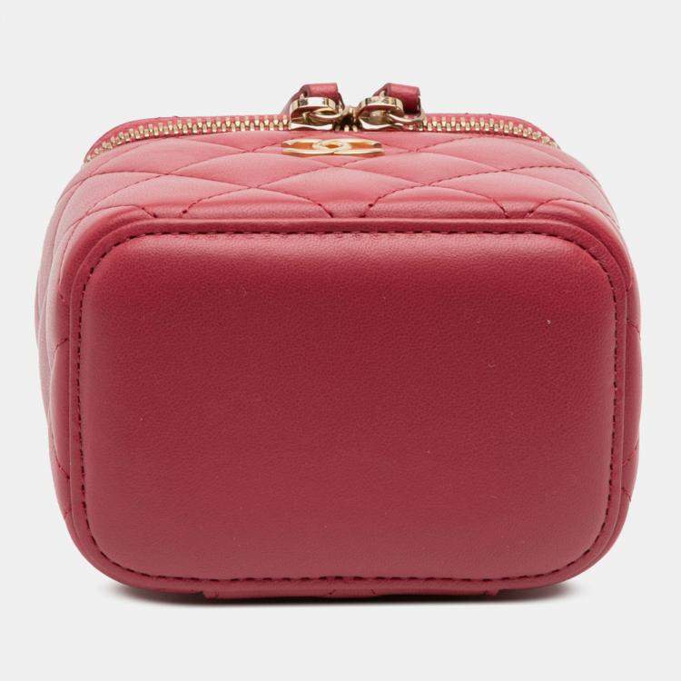 Pre Owned Chanel Red Mini CC Quilted Lambskin Top Handle Vanity Case With Chain