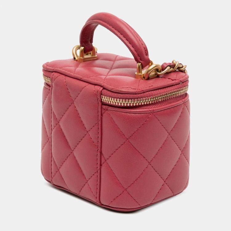 Pre Owned Chanel Red Mini CC Quilted Lambskin Top Handle Vanity Case With Chain