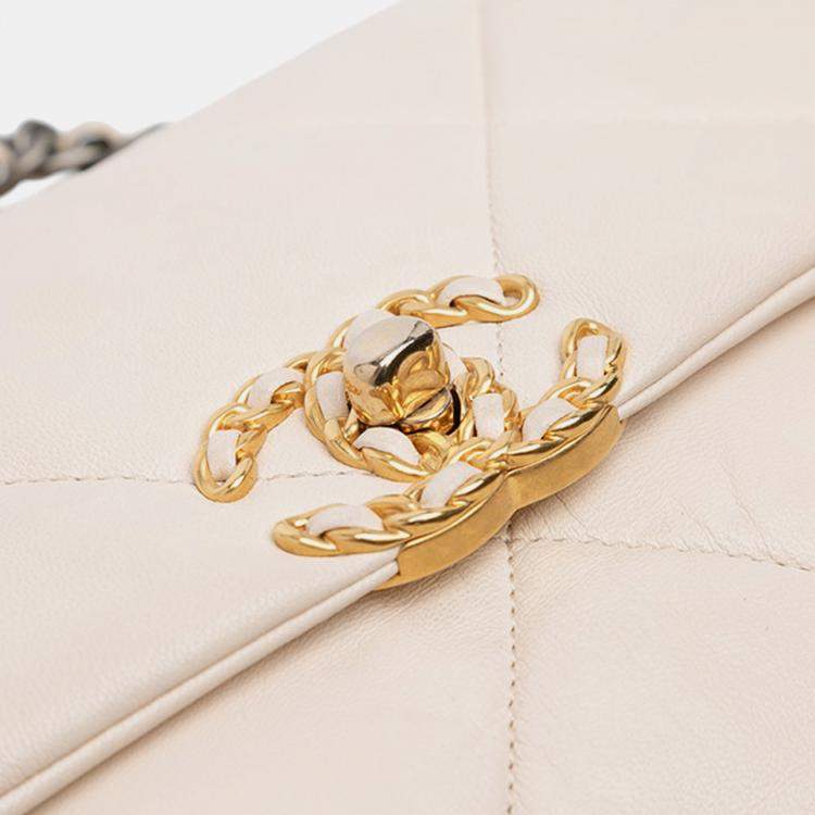 Pre Owned Chanel White Medium Lambskin 19 Flap