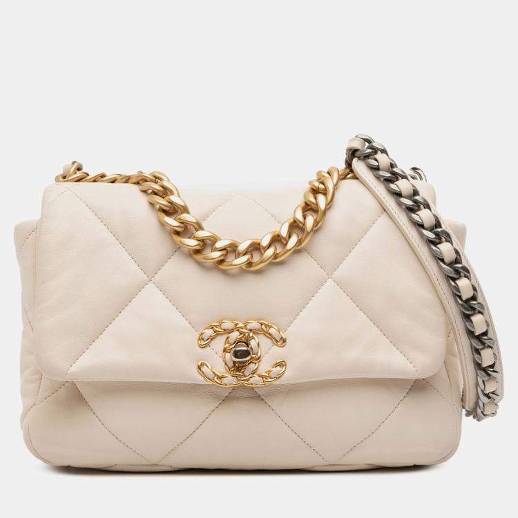 Pre Owned Chanel White Medium Lambskin 19 Flap