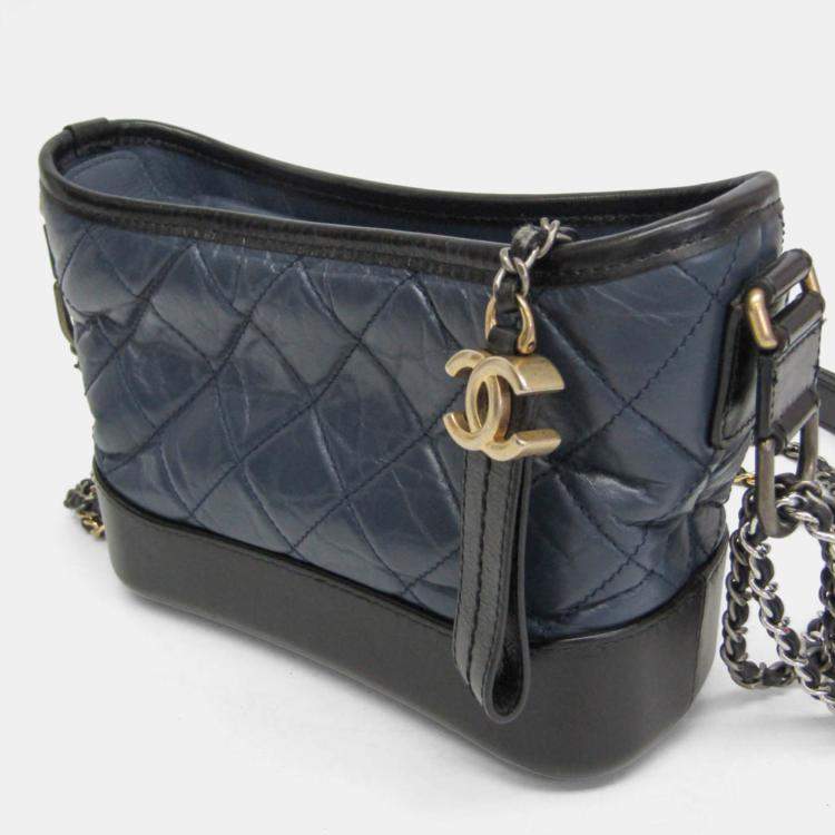 Pre Owned Chanel Gabriel De Chanel Small Leather Shoulder Bag Black Navy