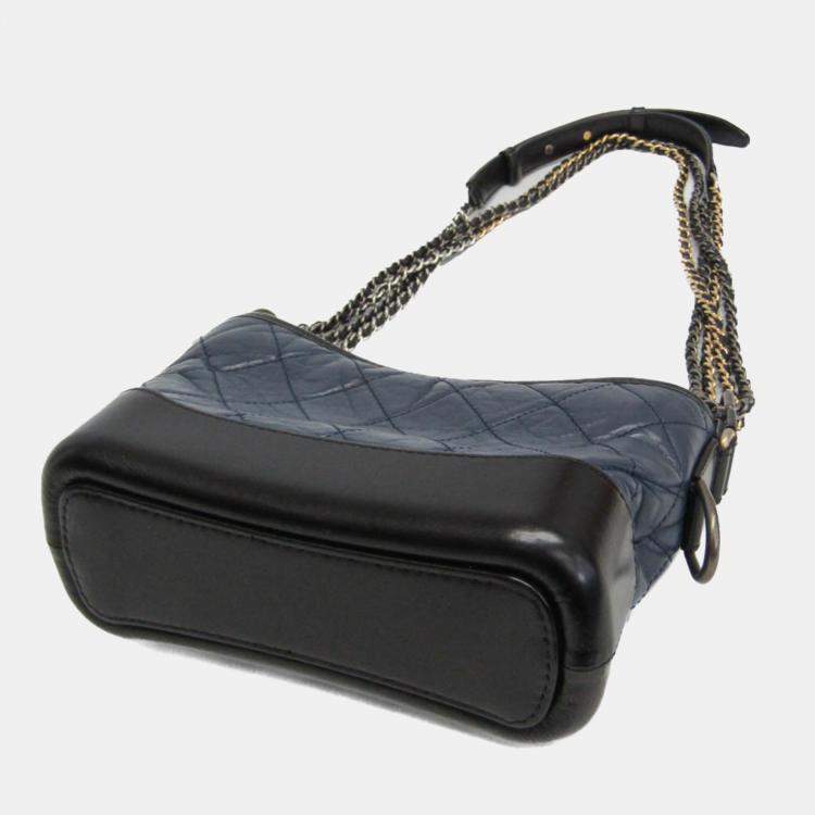 Pre Owned Chanel Gabriel De Chanel Small Leather Shoulder Bag Black Navy