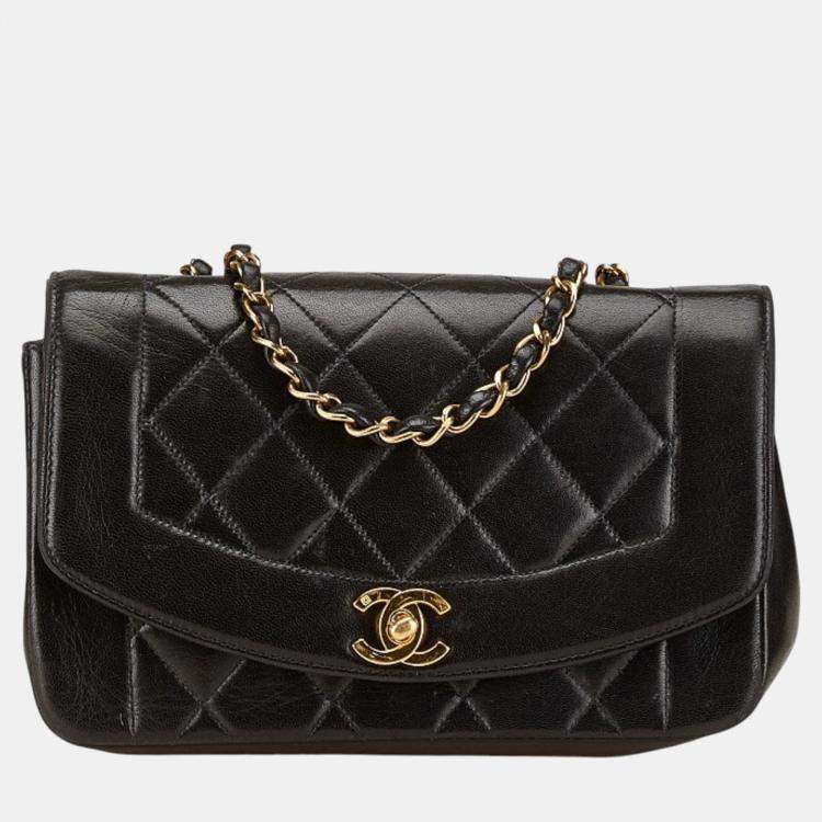 Pre Owned Chanel Matelasse Diana 22 Coco Mark Black Lambskin Shoulder Bag 