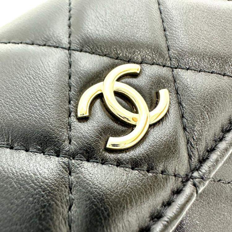Pre Owned Chanel Cc Coco Mark Pearl Black Lambskin Long Chain Wallet