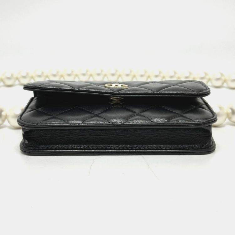Pre Owned Chanel Cc Coco Mark Pearl Black Lambskin Long Chain Wallet