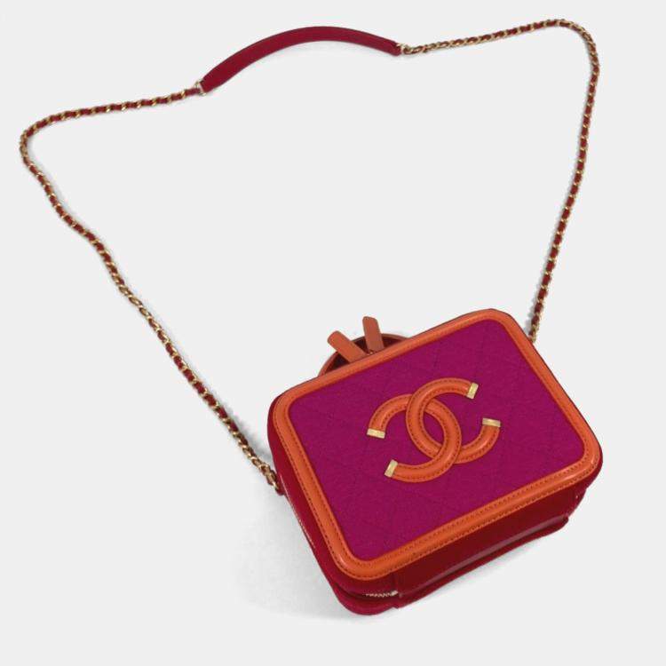 Pre Owned Chanel Coco Mark Cc Filigree Orange/Red Canvas Leather 2-Way Chain Shoulder Vanity Bag
